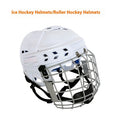 Ice hockey and ball hockey helmet with a carbon steel face mask, shown in a side view.