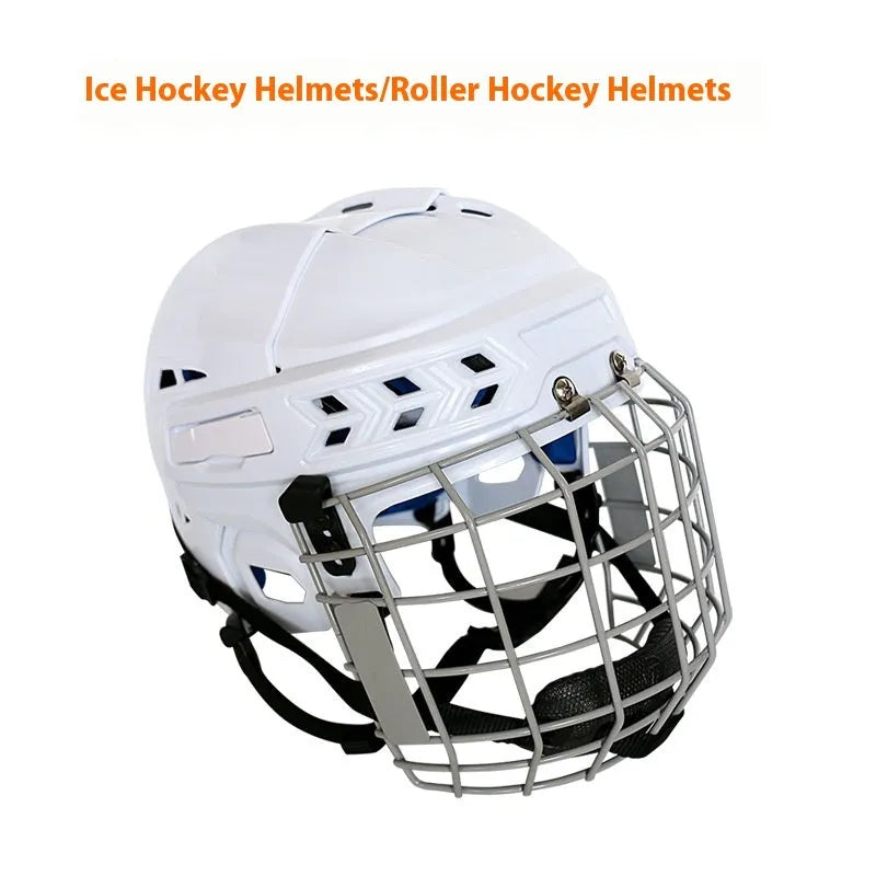 Ice hockey and ball hockey helmet with a carbon steel face mask, shown in a side view.