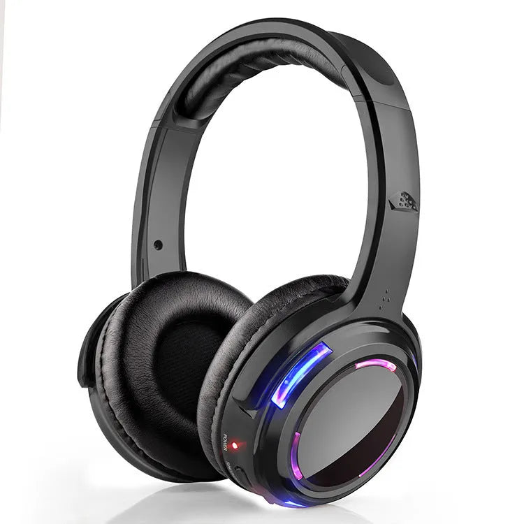 Black silent disco wireless headphones with over-ear design and 3.5mm audio jack on 3 metre cable