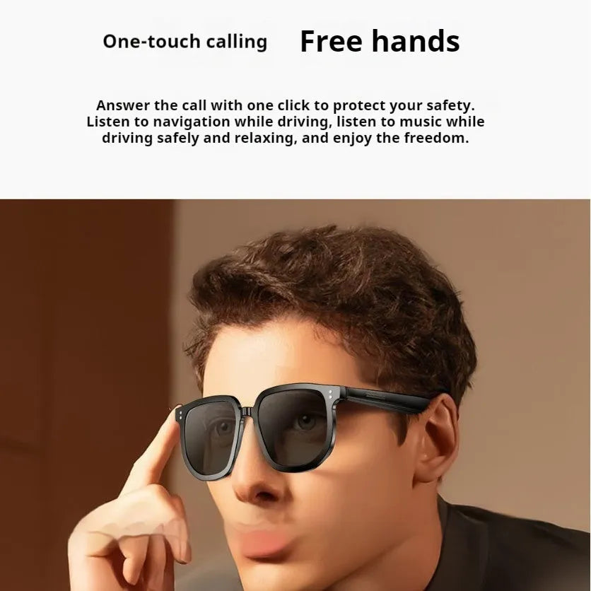 Black Bluetooth smart sunglasses with touch controls for wireless calls and audio.