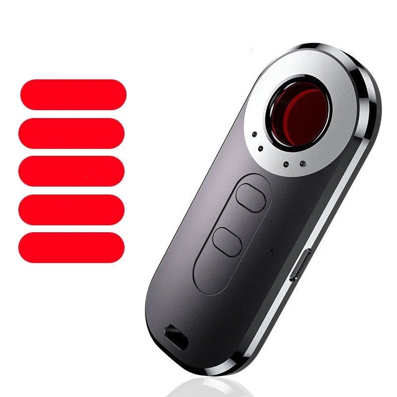 Portable anti-surveillance detector measuring 91x37x13mm with infrared scanning and frequency detection