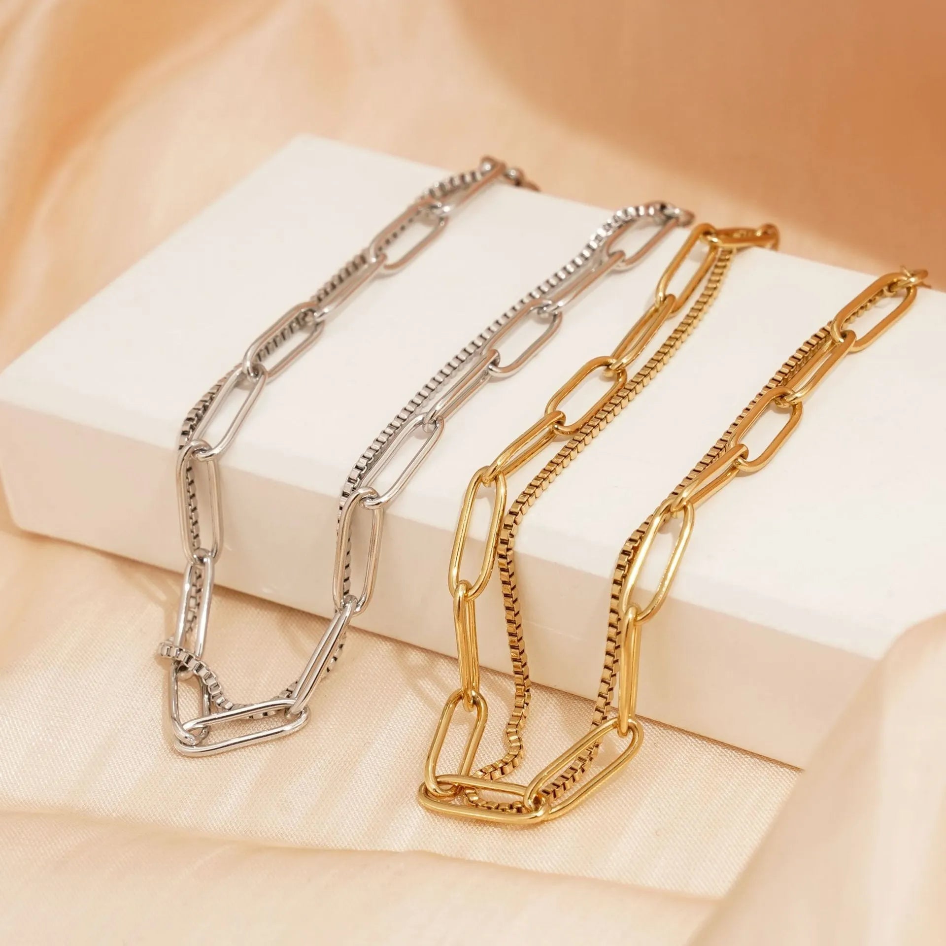Women's double layer geometric bracelet in gold or silver with titanium steel construction