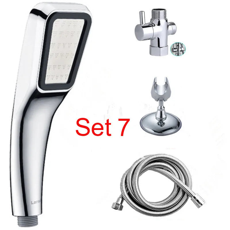 Orange hand-held pressurised shower unit with hose, showing rain shower head and control button.