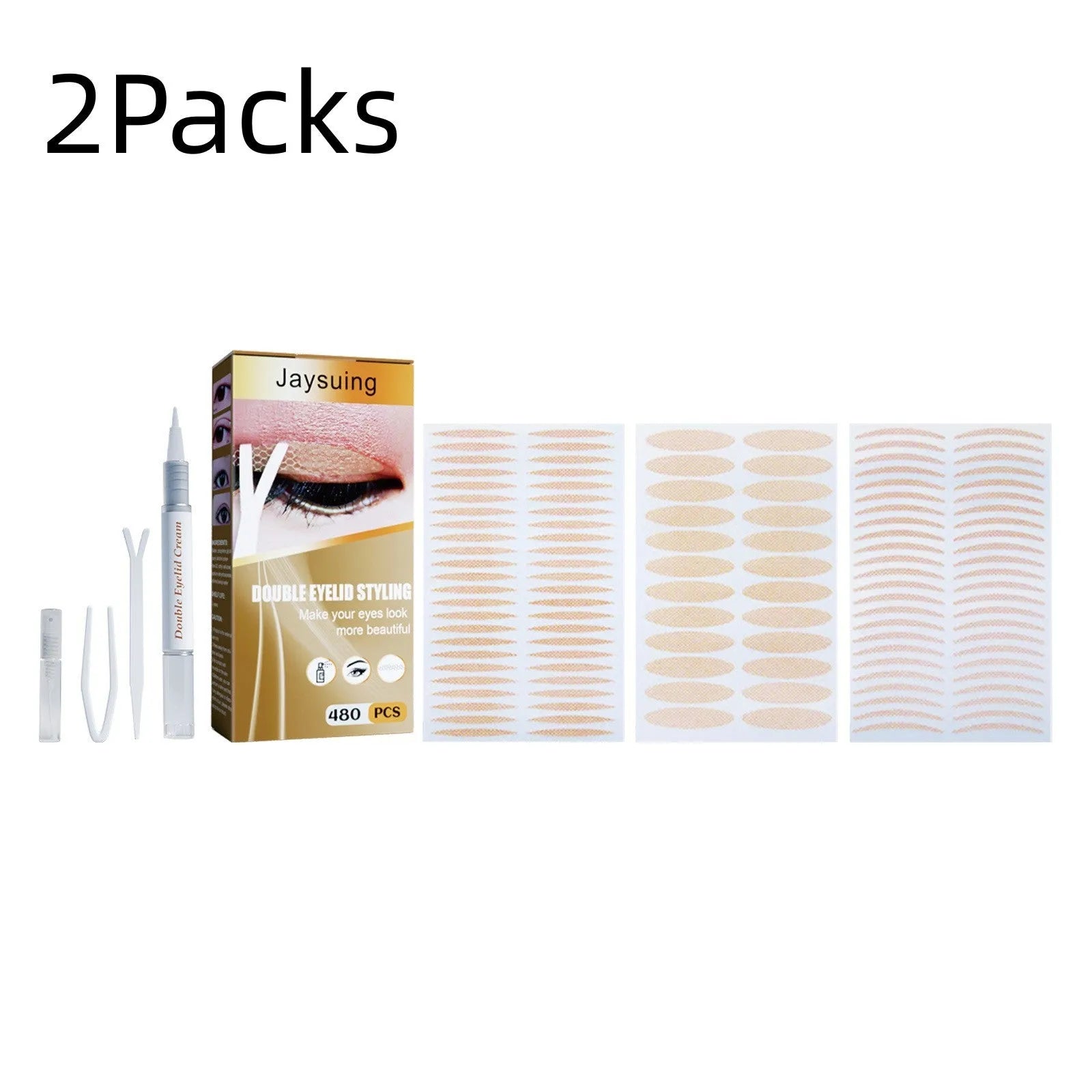 Double eyelid sticker set with 12 sheets and application tools including Y clip and spray bottle