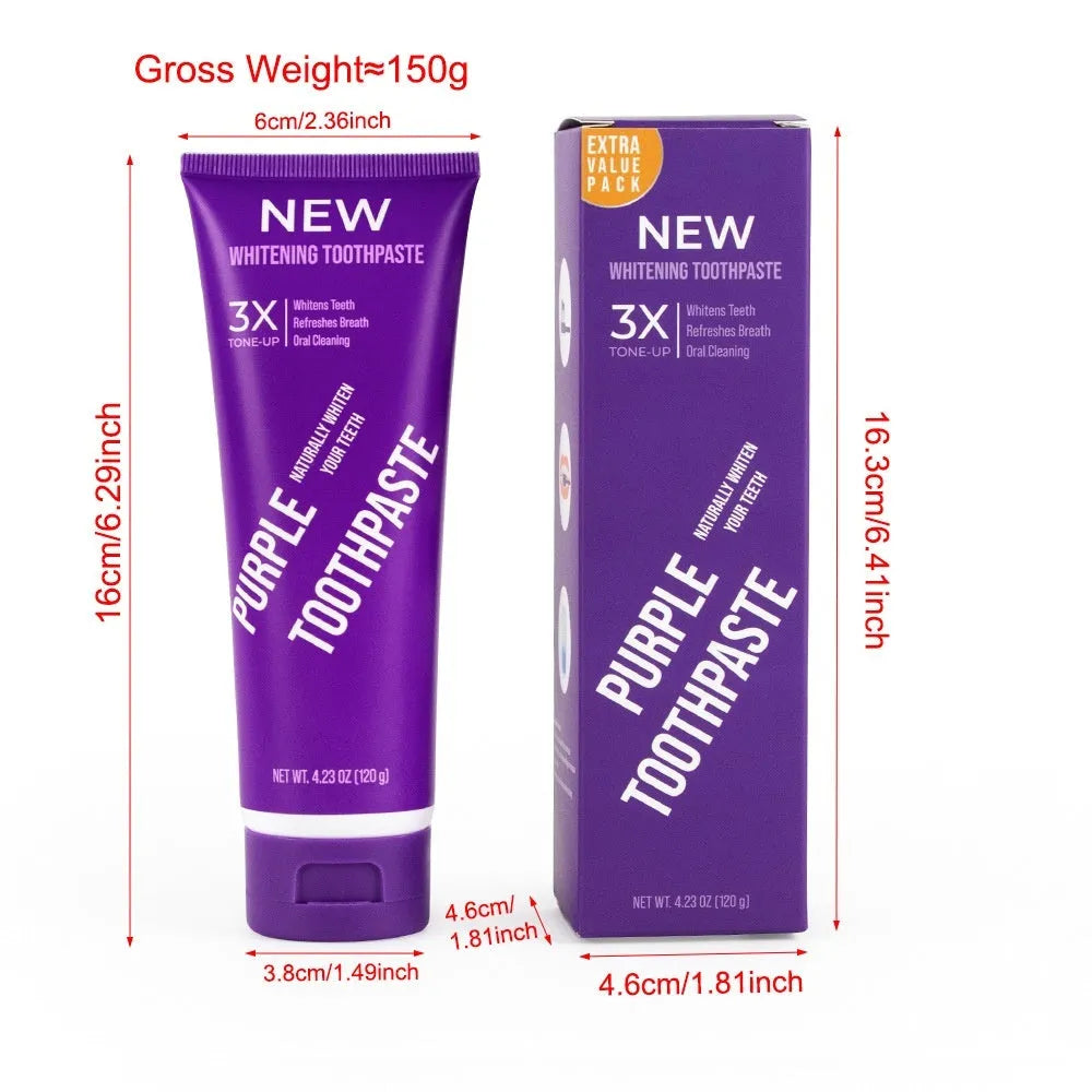 Purple whitening toothpaste tube for adult tooth discolouration treatment