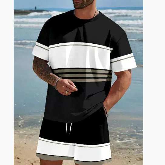 Man wearing a loose blue short-sleeved t-shirt and matching shorts from a summer leisure set.
