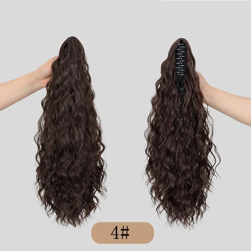 Synthetic corn curler wig ponytail with water ripple grip texture in multiple colour options on a white background.