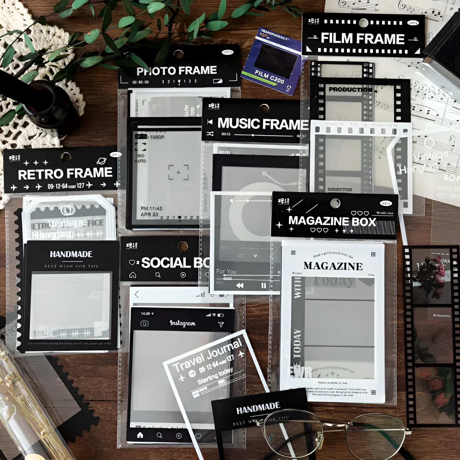 15 retro frame decorative stickers on transparent PET base paper for journal crafting