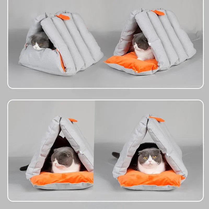 Blue triangular sofa-shaped cat nest with drilled holes for combination, showing removable cotton cover.