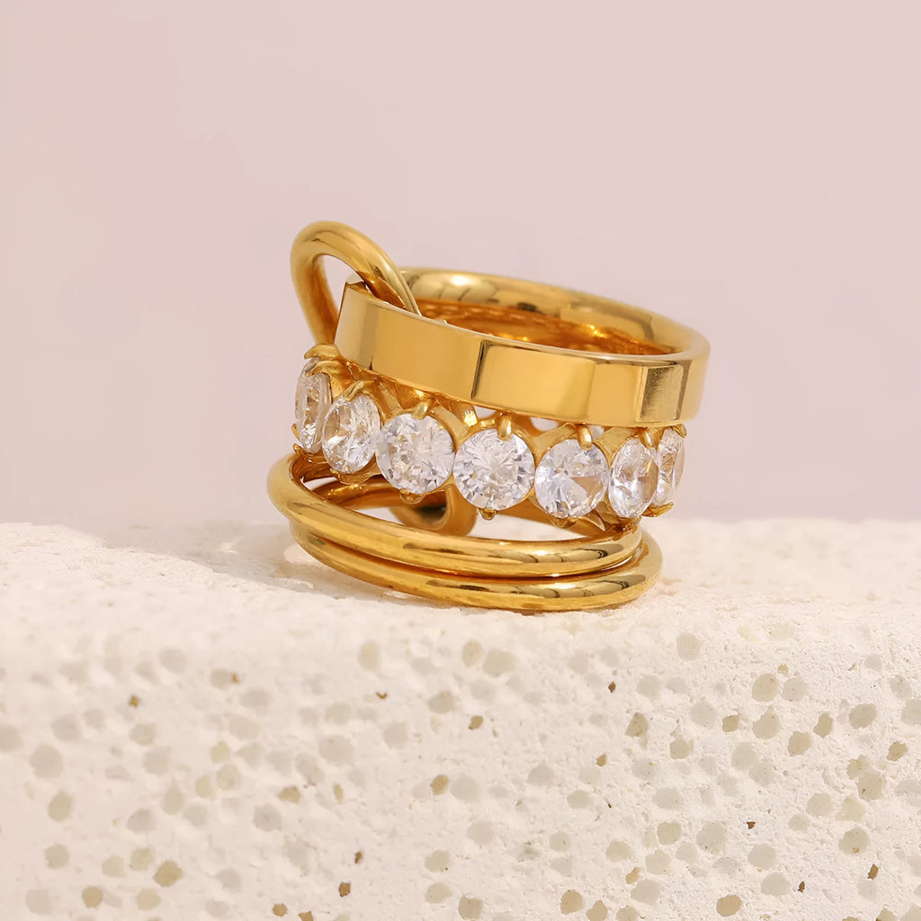 Gold multi-layer zircon ring for women in stainless steel, retro style, size No 6 or No 7
