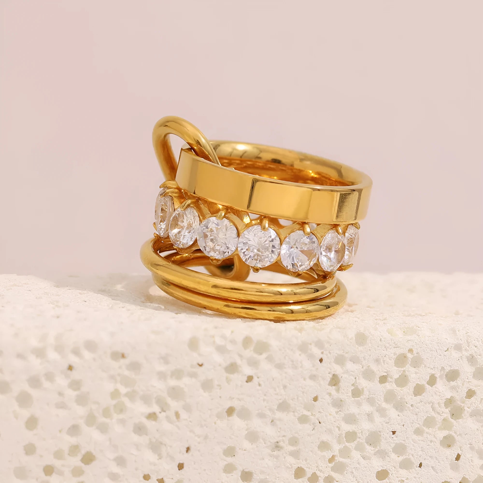 Gold multi-layer zircon ring for women in stainless steel, retro style, size No 6 or No 7