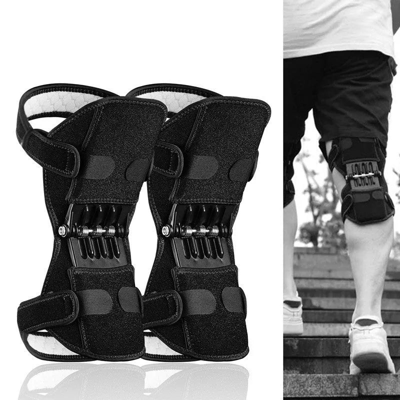 Adjustable spring knee brace patella booster in black colour with breathable fabric and venting holes
