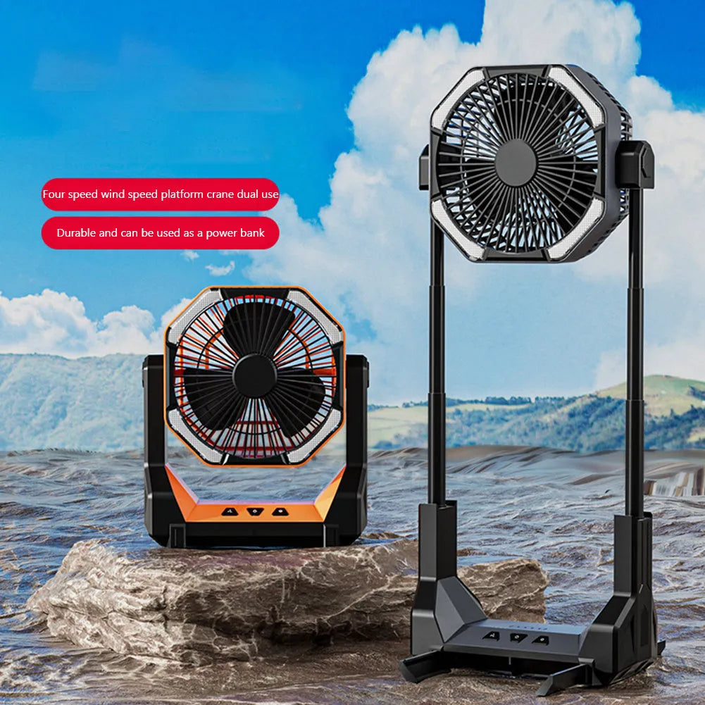 8000mAh telescopic wireless camping fan in orange with aluminium tube, four speeds, and night light on a picnic table
