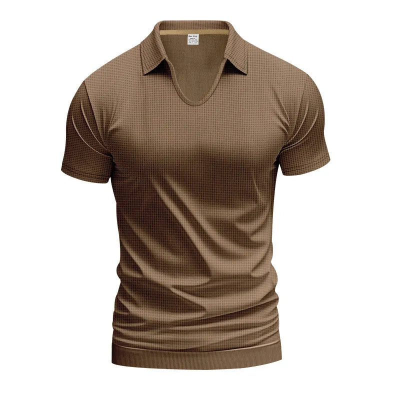 Men's loose fit V-neck t-shirt in cotton blend fabric showing short sleeves and solid colour design