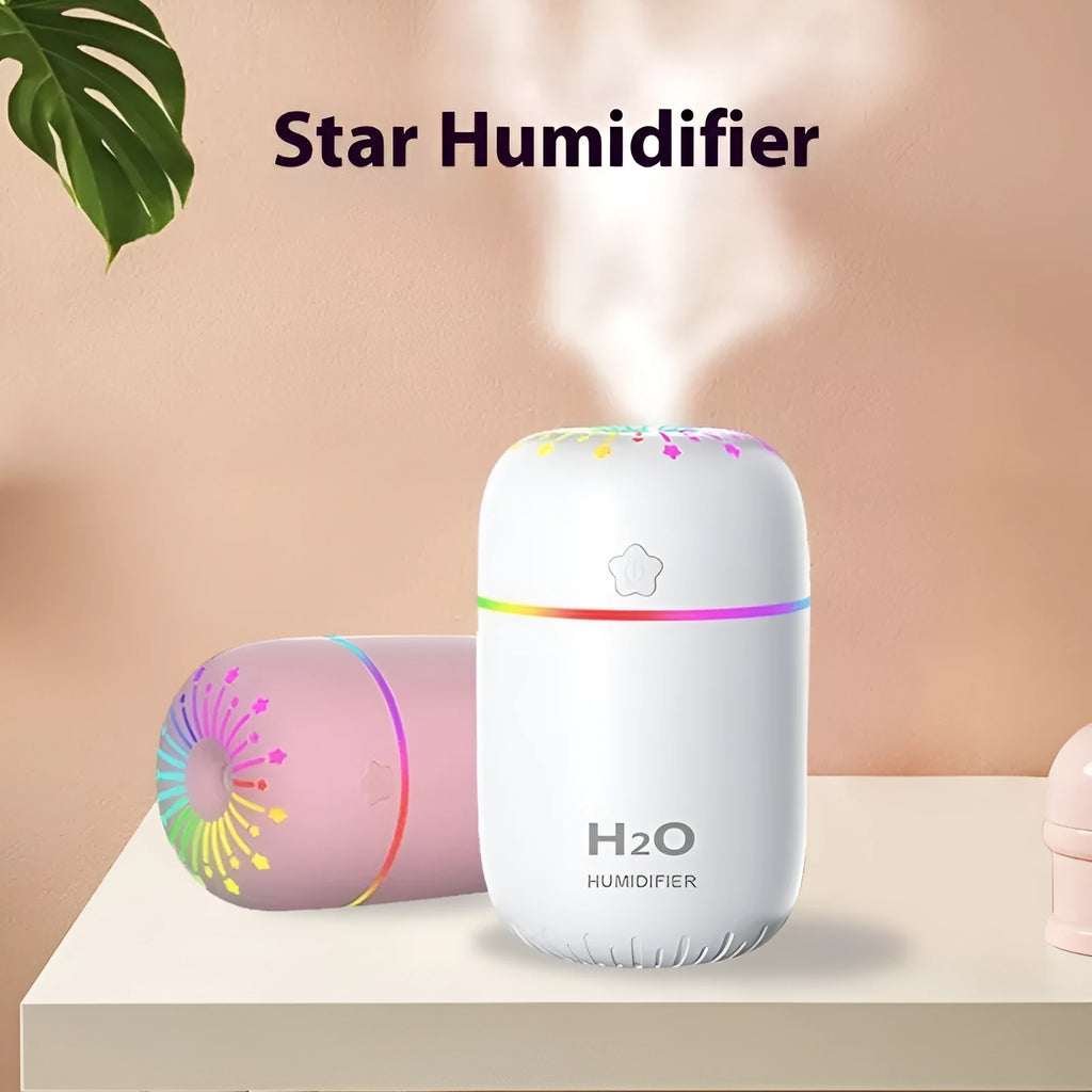 Compact white USB mini humidifier with 300ml water tank on desk beside laptop