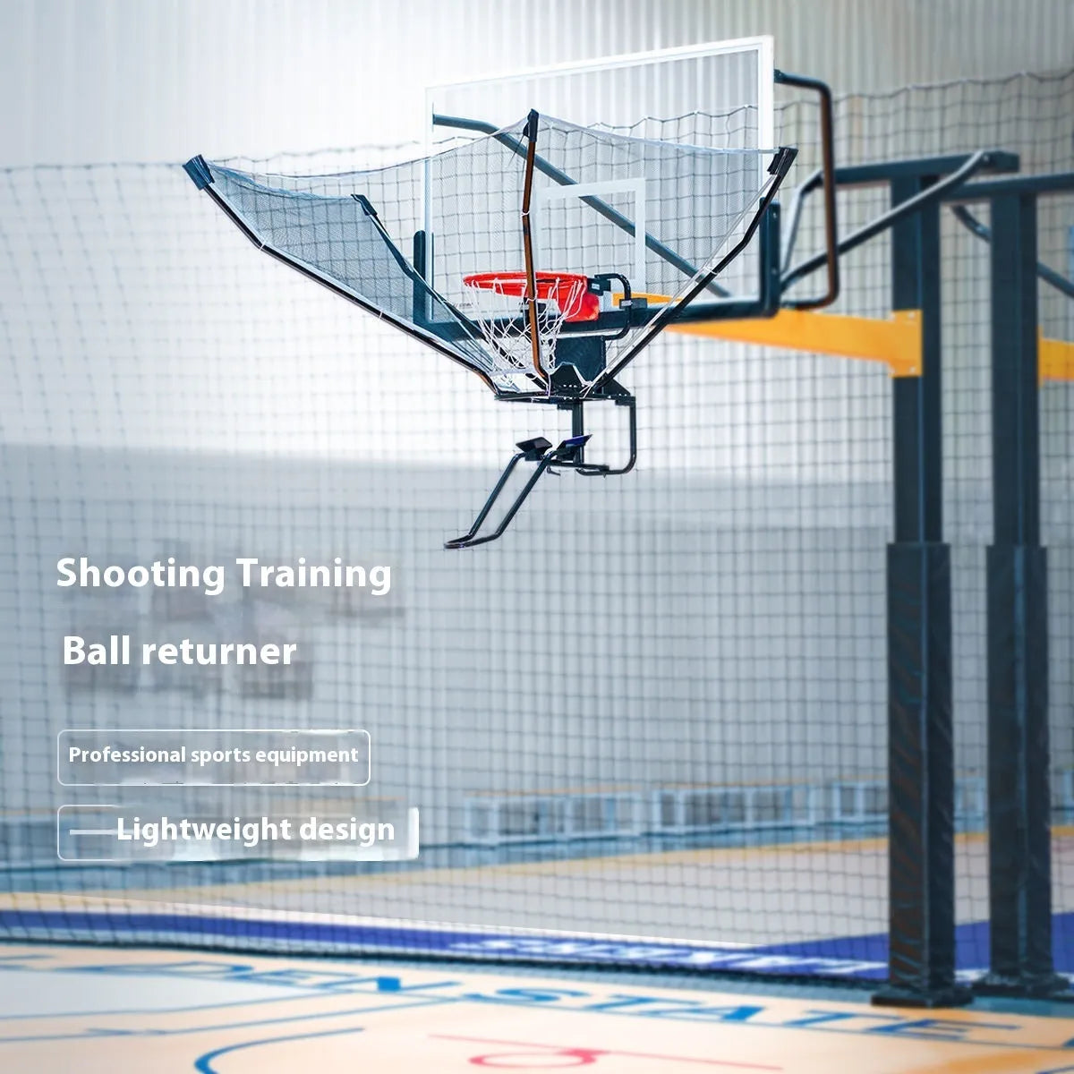 Second generation basketball training ball return with automatic pitching serve, hanging from a hoop.