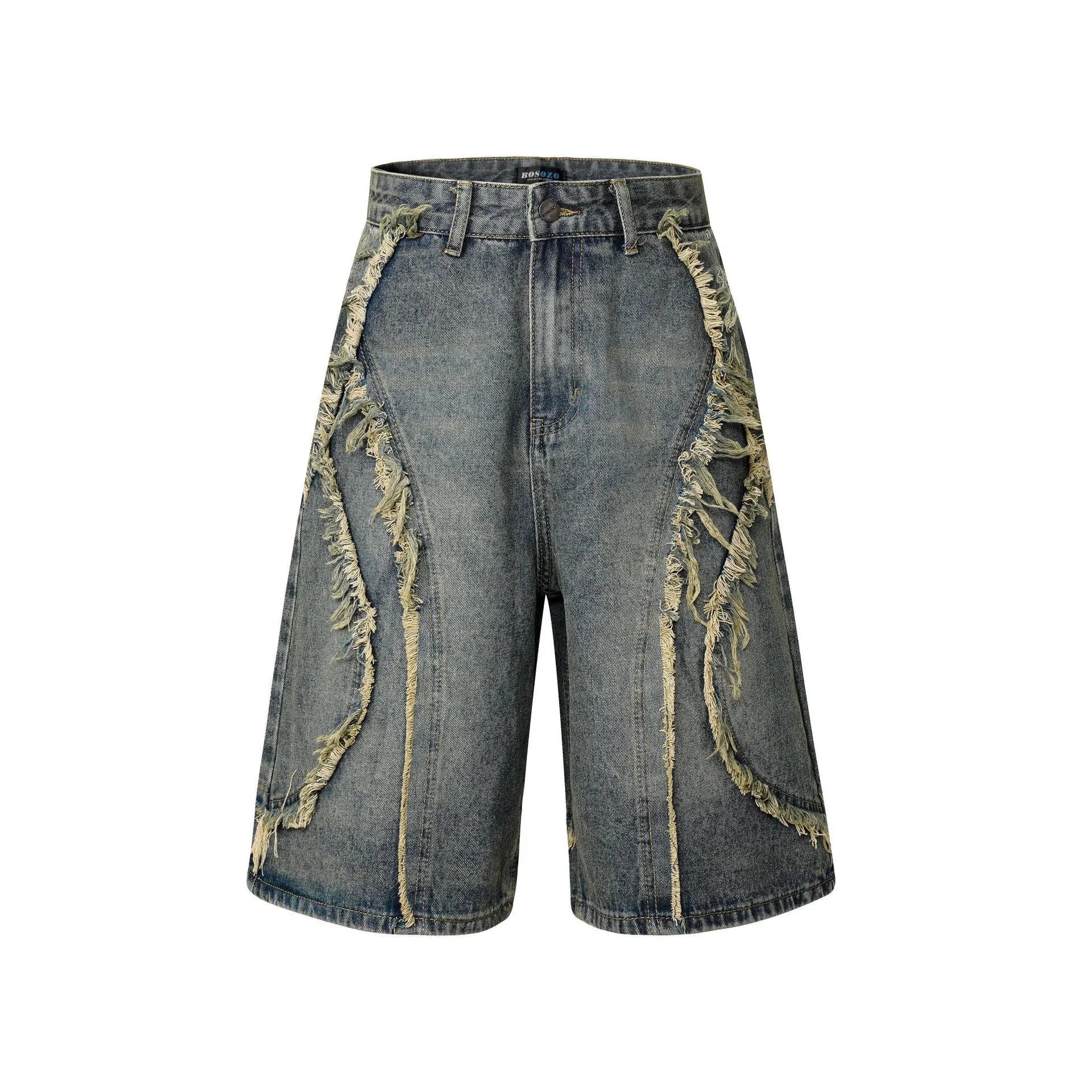 Man wearing distressed light blue denim shorts with raw edge hem and straight hip hop cut.