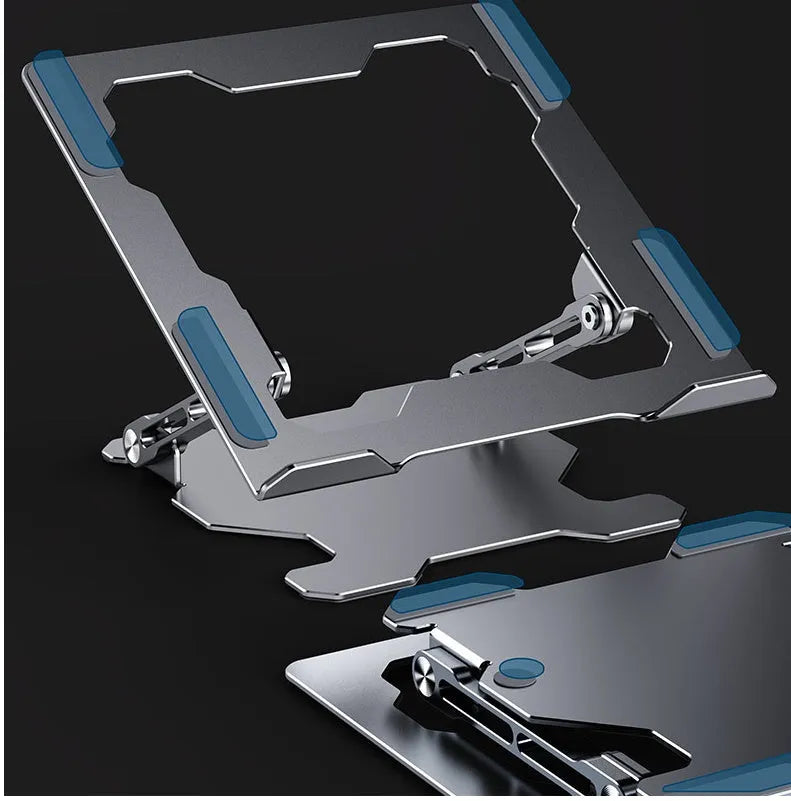 Grey aluminum folding laptop stand shown at an adjustable angle holding a silver laptop.