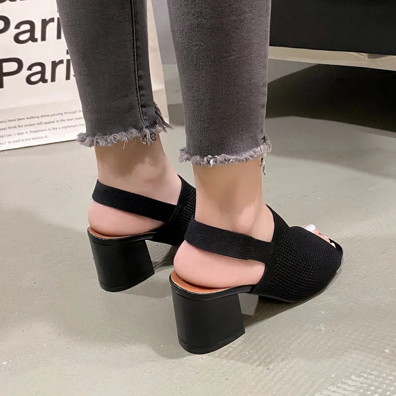 Women's chunky heel sandals in black woven mesh with square toe and rubber sole
