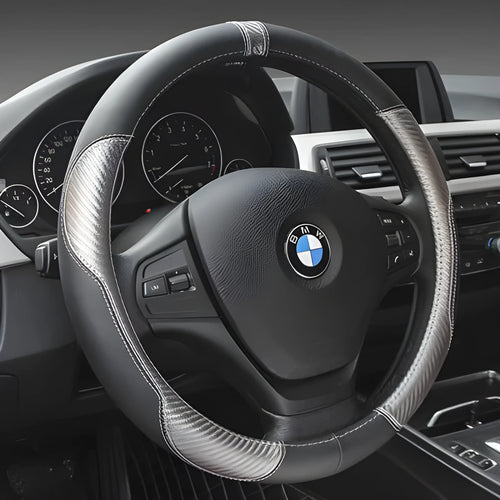 High Gear leather car steering wheel cover in black grey for 38cm steering wheels