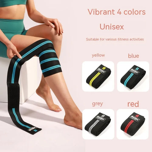 Adult adjustable sports knee pads in blue, yellow, red, and grey colours for weightlifting and cycling