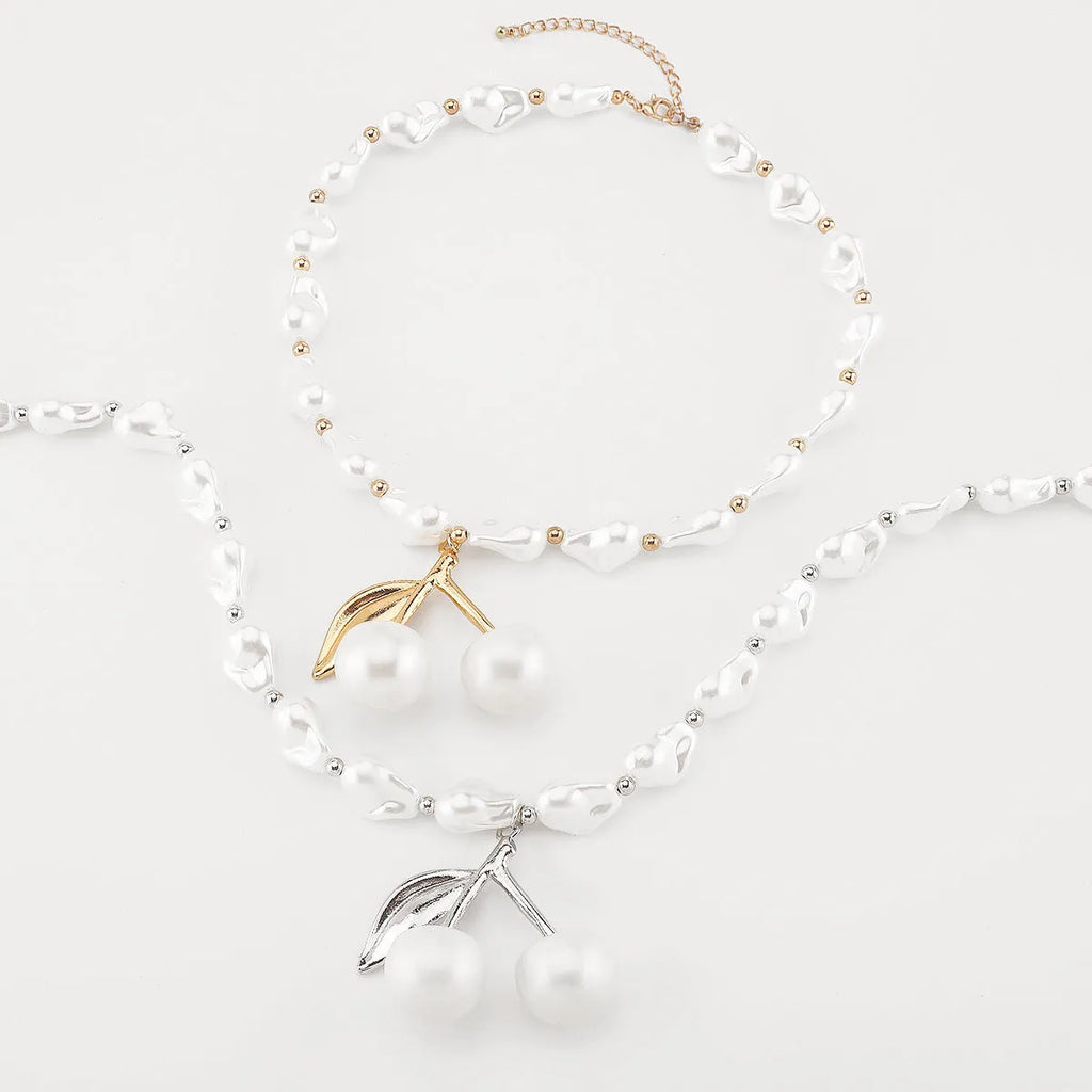 Women's adjustable pearl cherry fruit necklace with gold electroplated finish and 51cm-60cm chain