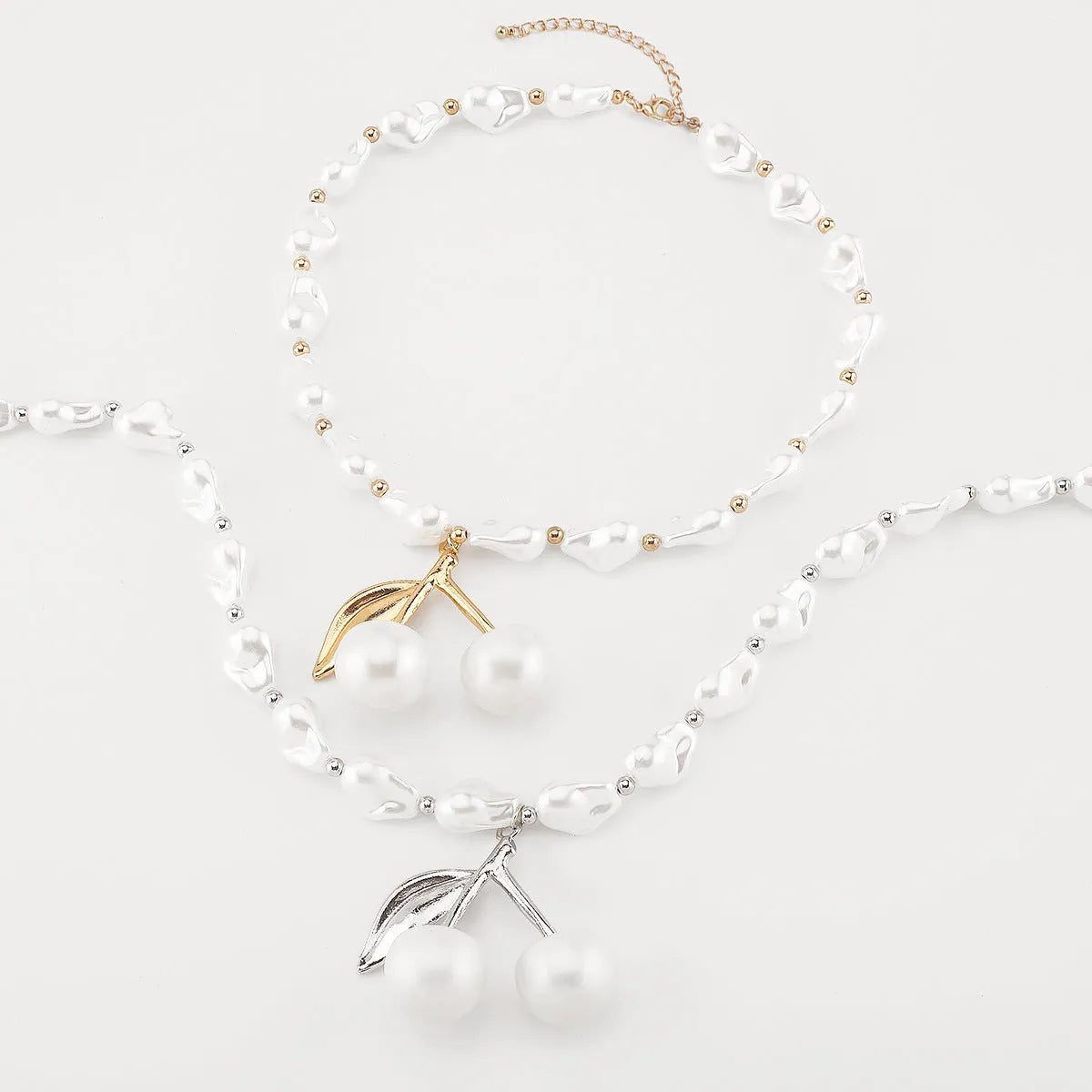 Women's adjustable pearl cherry fruit necklace with gold electroplated finish and 51cm-60cm chain