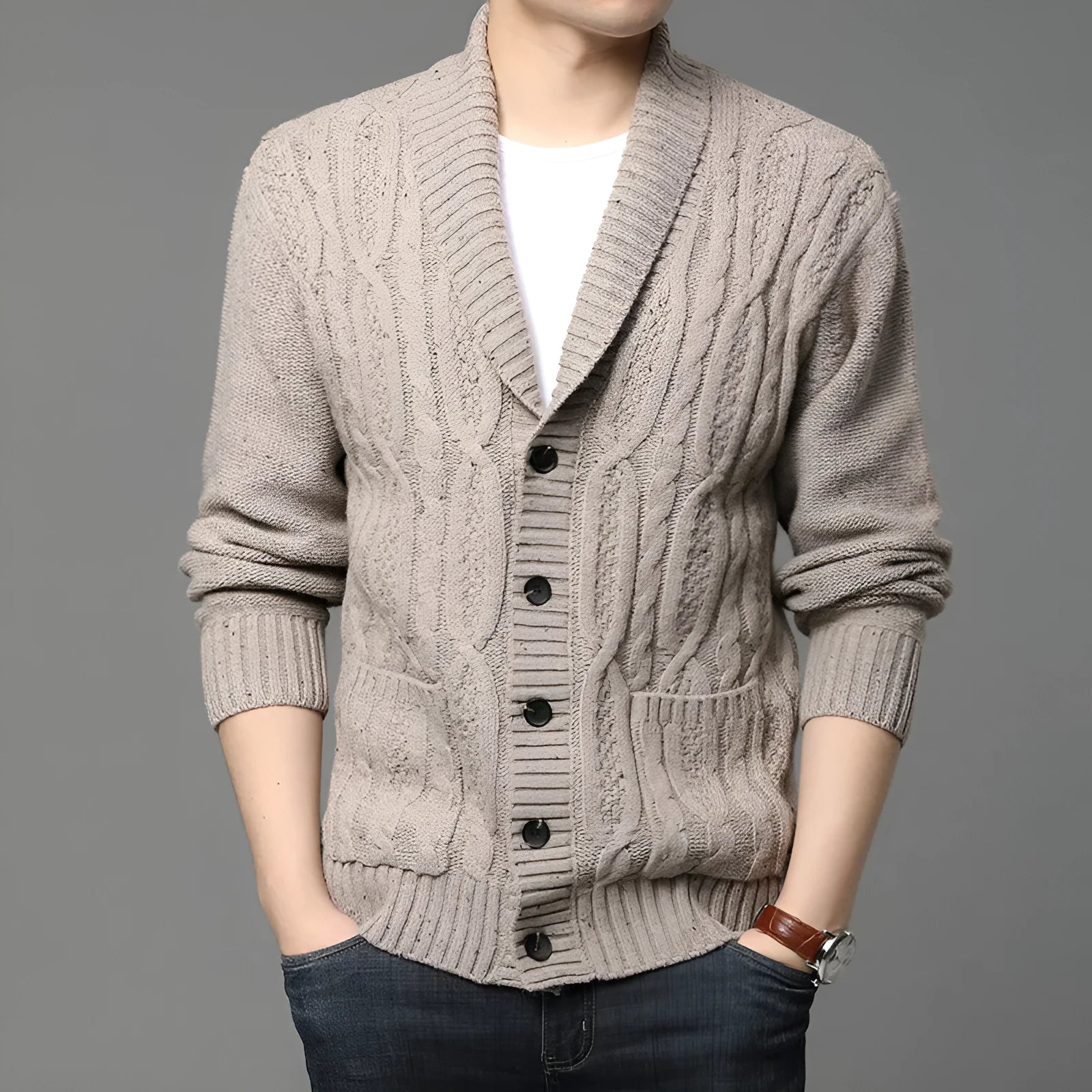 Man wearing a dark grey Korean style jacquard knitted cardigan jacket with a straight cut.