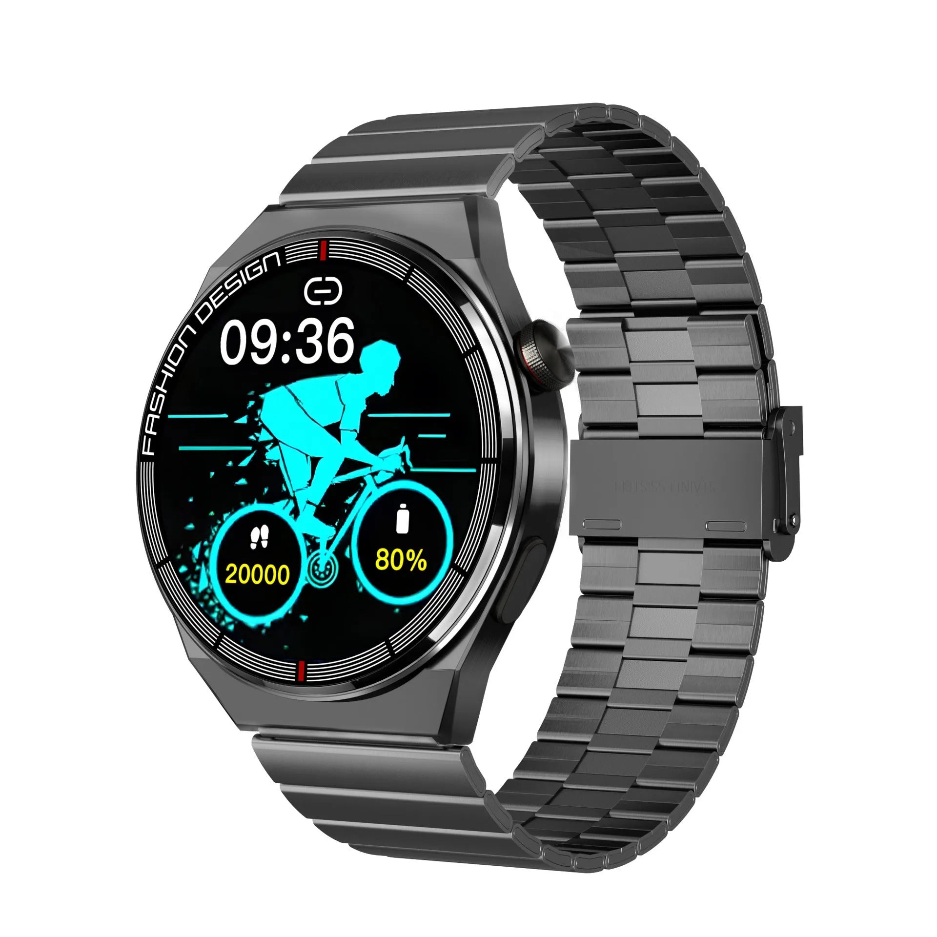 1.28-inch smartwatch showing health metrics on screen with silicone wrist strap