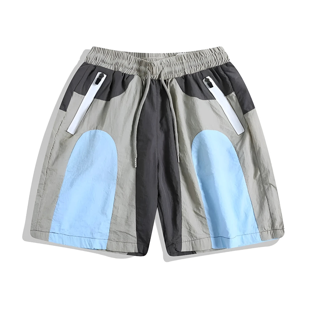 Blue patchwork men's beach shorts with elastic waist and straight-leg design for outdoor sports