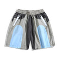 Blue patchwork men's beach shorts with elastic waist and straight-leg design for outdoor sports