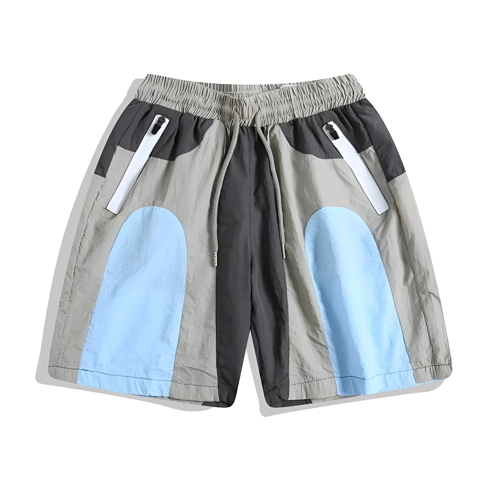 Blue patchwork men's beach shorts with elastic waist and straight-leg design for outdoor sports