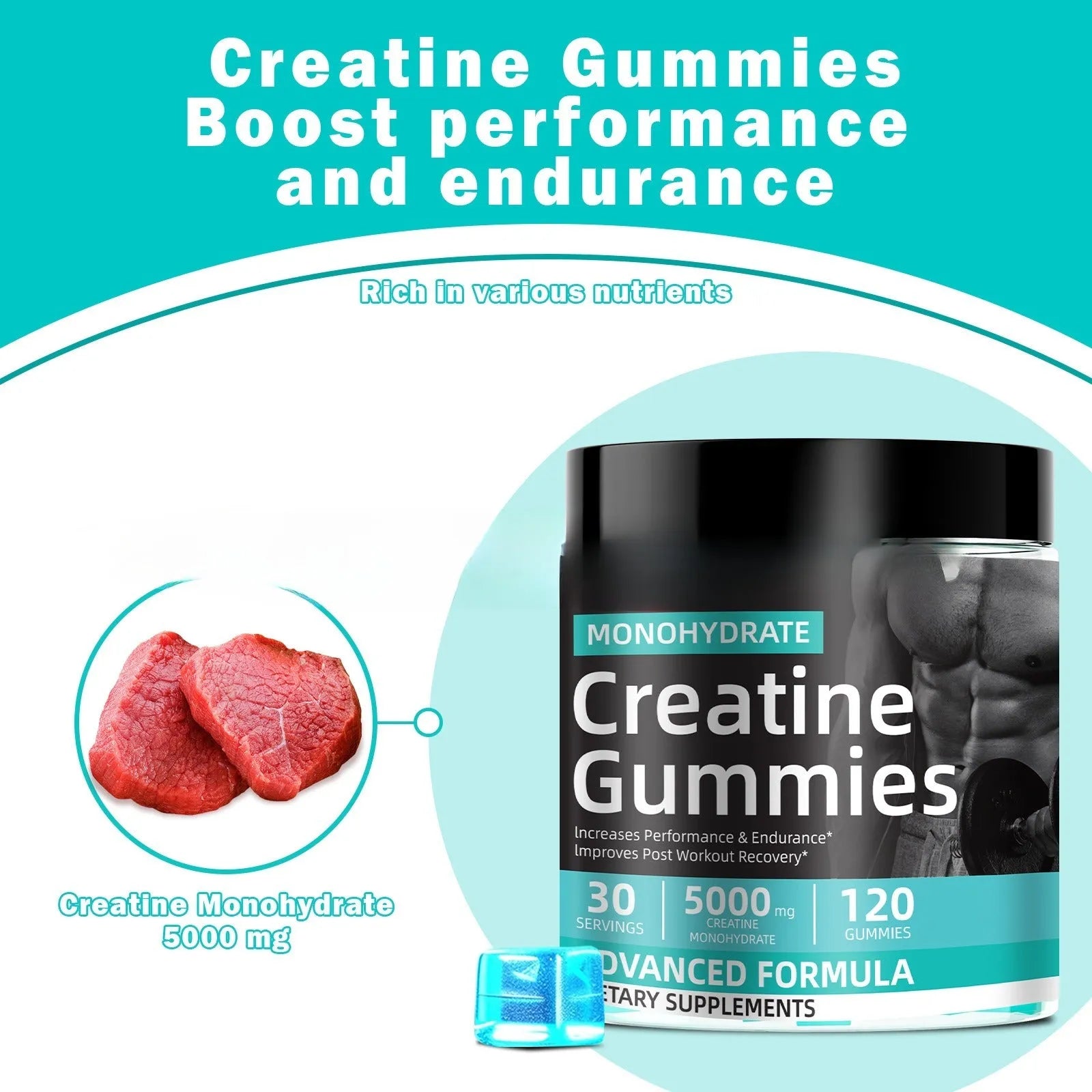 Bottle of water creatine jelly supplement with 120 tablets for men and women sports use