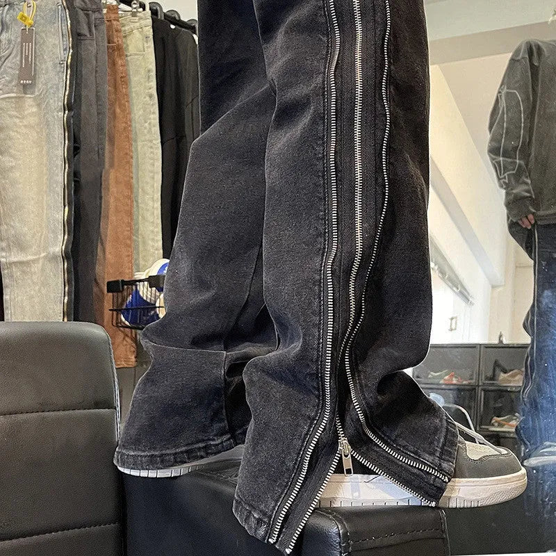 American zippered denim straight trousers for men, black, loose fit, hip hop style