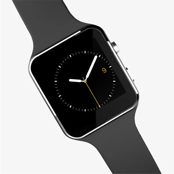 Black smart watch with 1.54-inch touch screen on a silicone strap, showing a fitness tracking display.