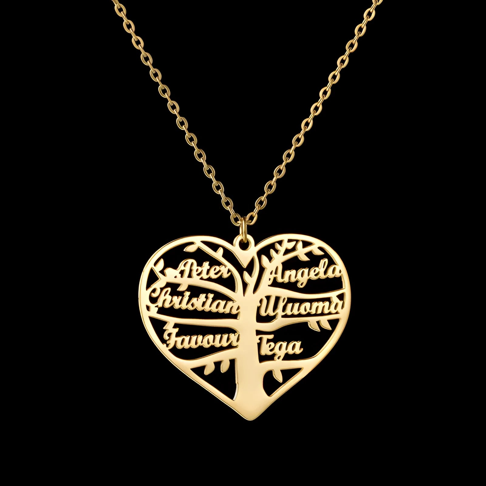 Personalised stainless steel necklace with hollow heart and lucky tree pendant showing custom name engraving