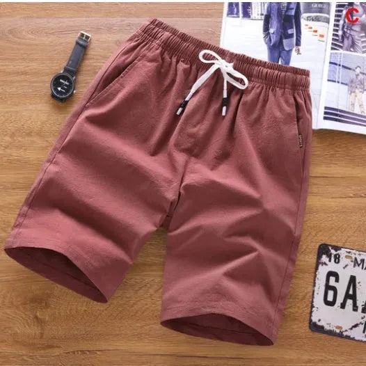 Men's cotton summer shorts with lace-up front closure in various colours showing mid-waist capri design