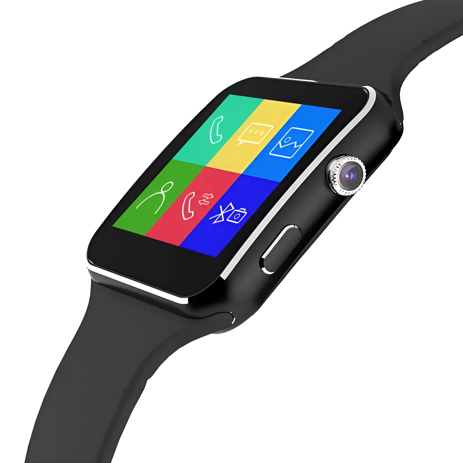 Black smart watch with 1.54-inch touch screen on a silicone strap, showing a fitness tracking display.