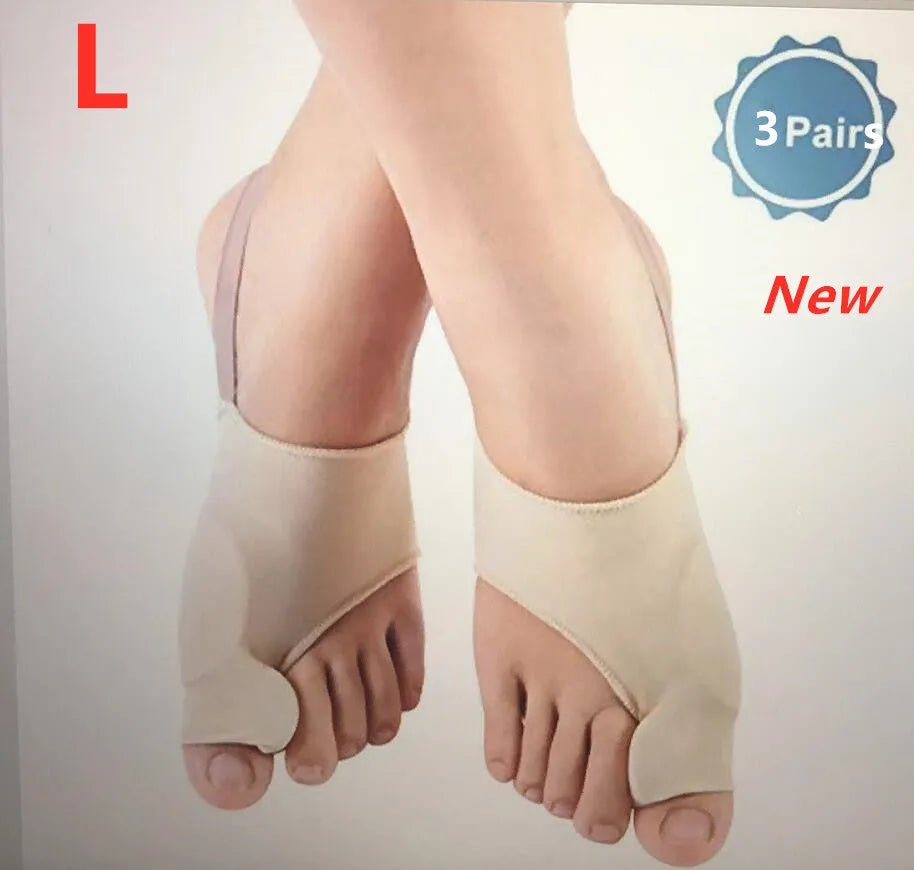 Pair of stretchable corrective socks with a visible gel bunion pad and silicone toe separator.
