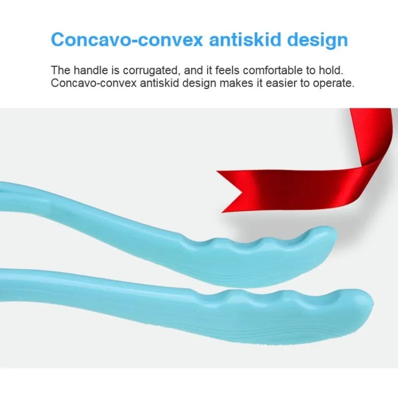 Blue plastic swan-shaped neck massager with hand roller and adjustable stand on a white background