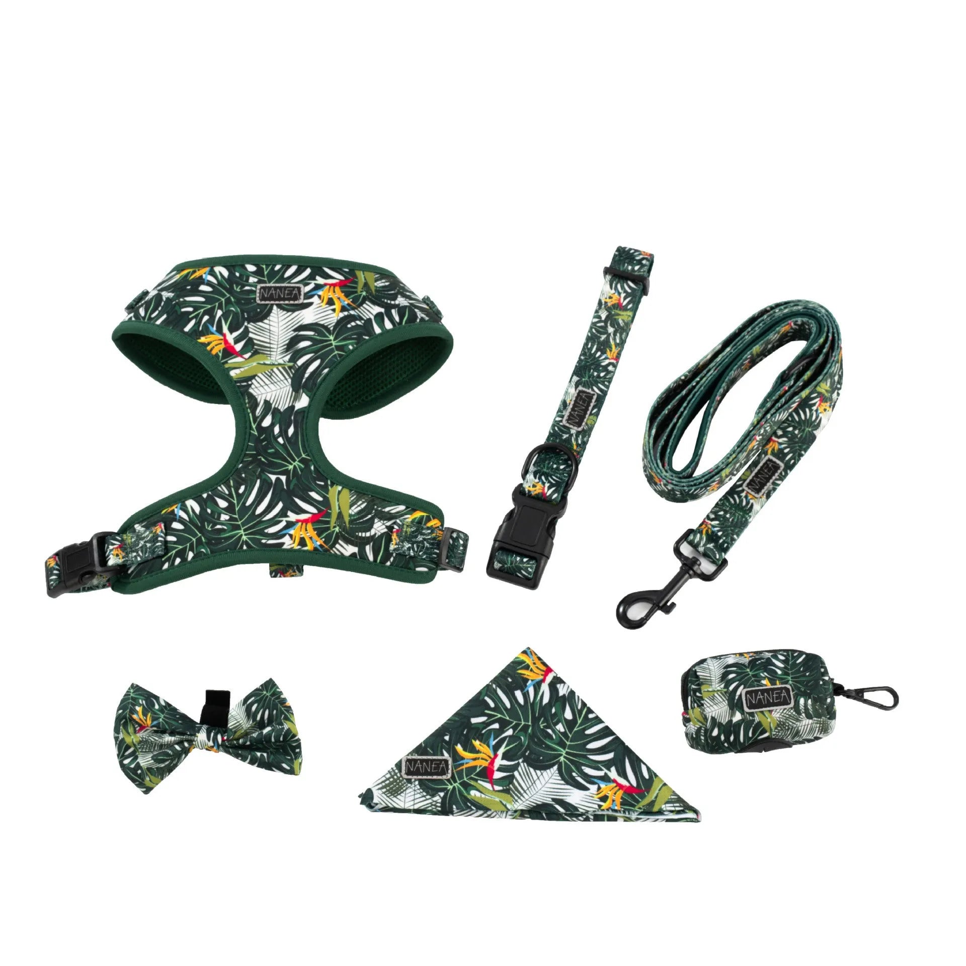 Adjustable cloth dog harness vest set with leash, collar, waste bag, bow tie and bib in six-piece gift package