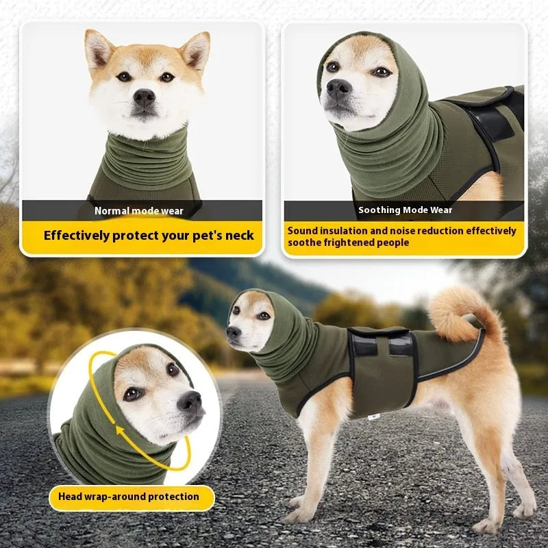 Dog wearing polyester anxiety jacket in army green for separation anxiety and thunderstorm phobia relief