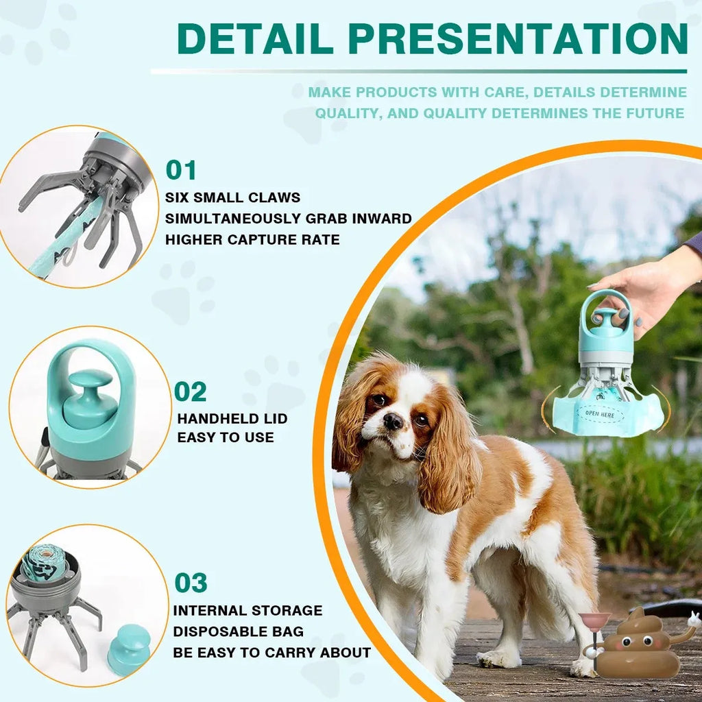 Blue plastic pet pooper scooper with claw mechanism and built-in garbage bag dispenser for outdoor waste collection