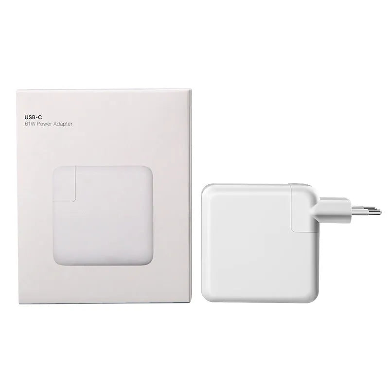 Compact 61W wireless laptop power adapter with UK plug and 2m USB-C cable, size 7x7x3cm