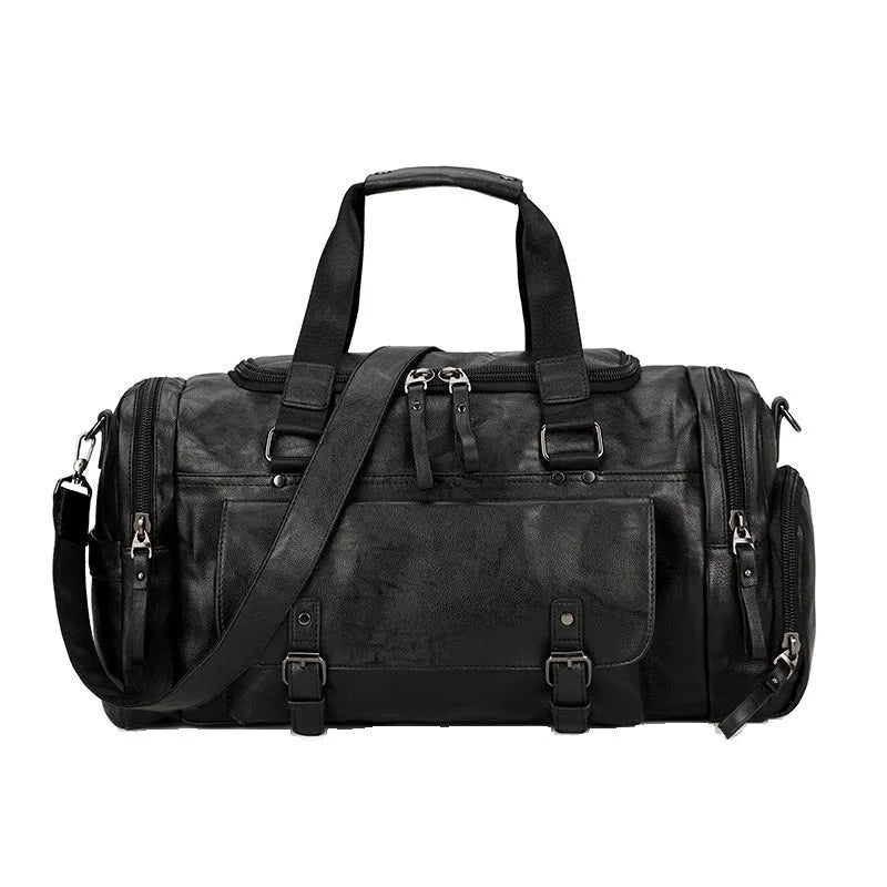 Black large capacity travel bag with separate shoe storage compartment, showing PU fabric exterior.
