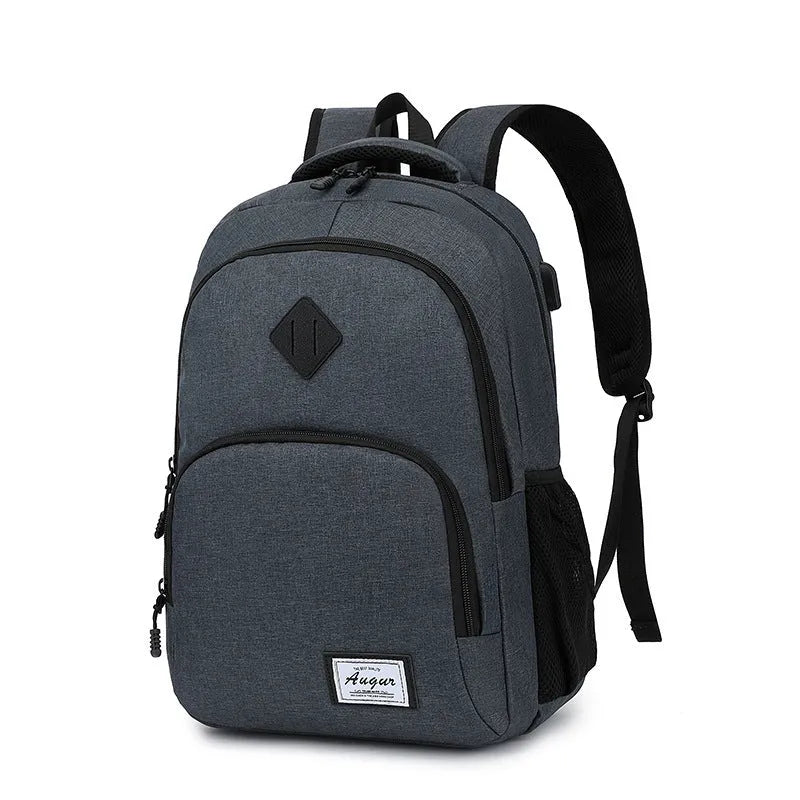 Grey lightweight backpack with USB charging port on the side, showing trolley sleeve on back