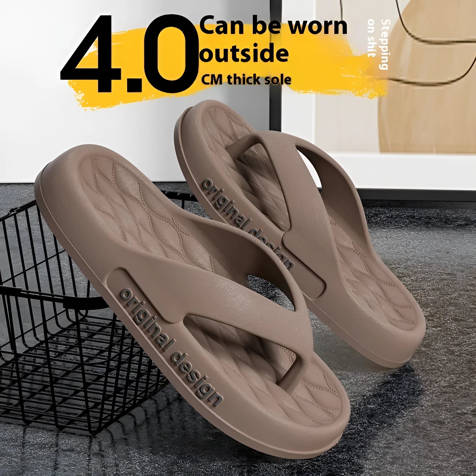 Men's injection-moulded EVA flip flops for the beach, shown in various colours on a size chart.