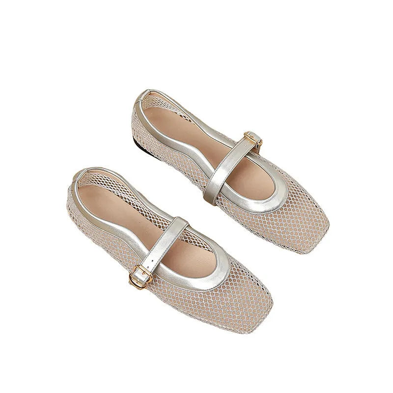 Women's beige mesh low heel pump with a buckle strap and square toe on a neutral background.