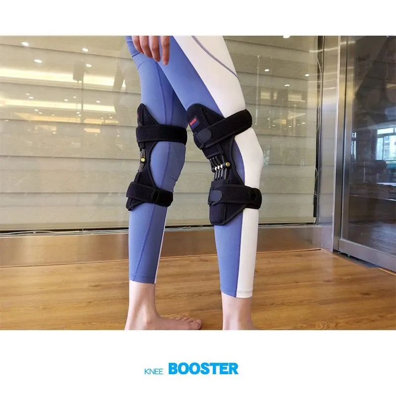 Adjustable spring knee brace patella booster in black colour with breathable fabric and venting holes