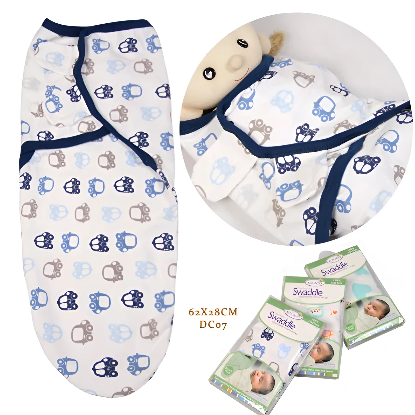 Cotton baby anti-startle swaddle wrap in blue with cartoon print, size 62x28 cm